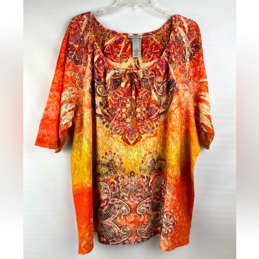 Women’s 22/24 2x Open Knit SS Shirt Top, Catherine’s Boho, Orange Gold, Pretty